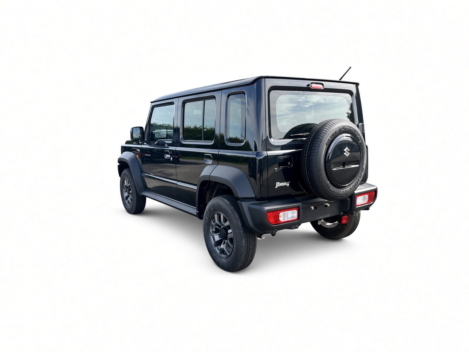 Black 5-door Suzuki Jimny rear three-quarter
